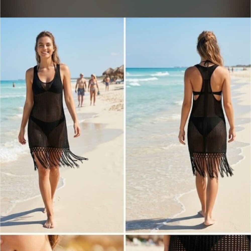Francesca's Crochet Style Fringe Hem Black Open Knit Racerback Mini Dress Sz S/M